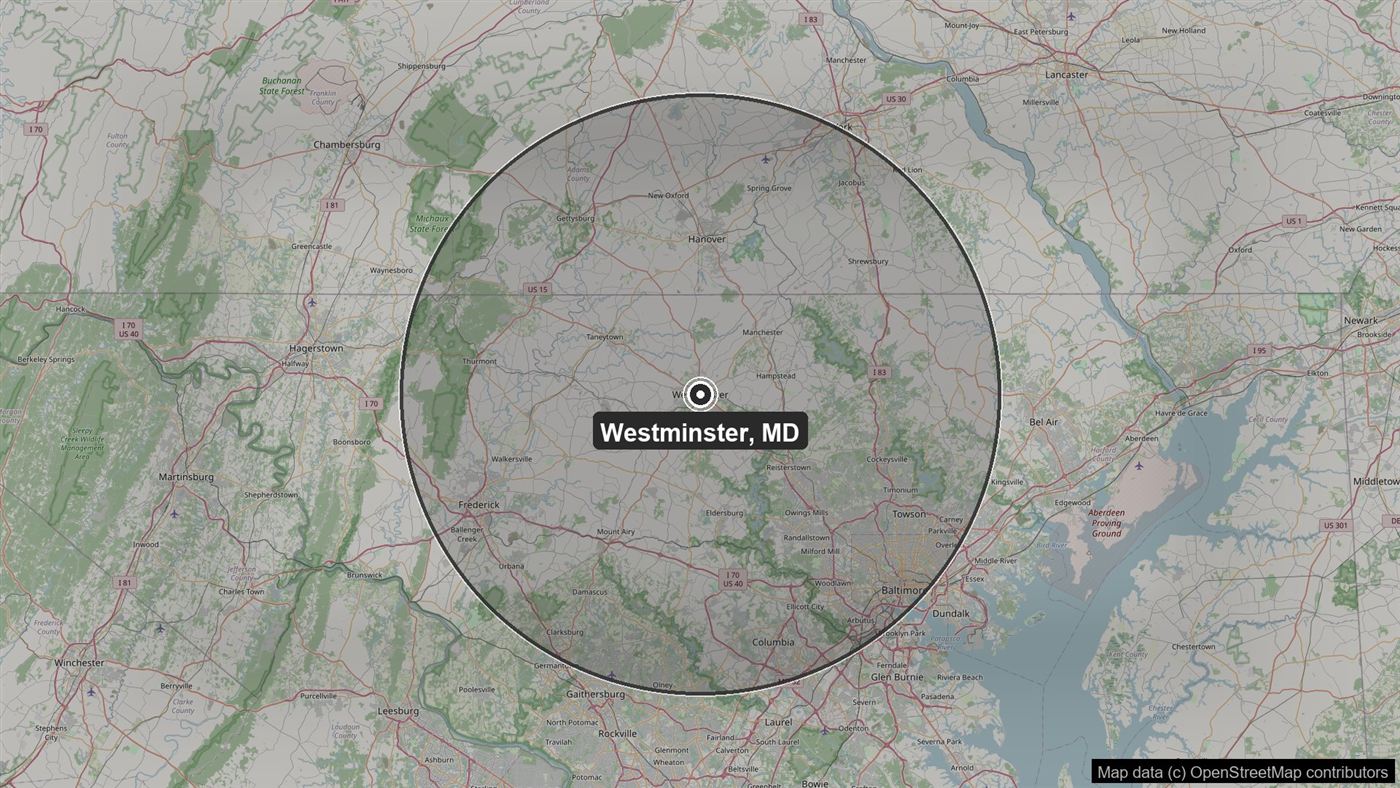Map of the Stratagem Systems service area centered on Westminster, MD, covering Carroll County and nearby parts of Maryland and Pennsylvania